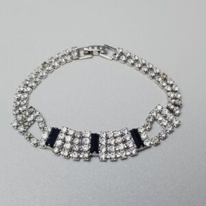 Vintage Black and Silver Tone Rhinestone Bracelet, 7 Inches Long, Estate